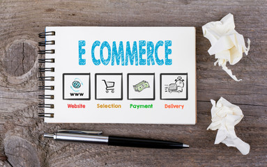 E commerce. Notebook with pen on wooden background.