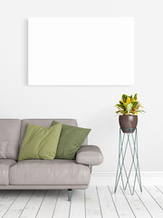 Modern bright interior with empty frame . 3D rendering