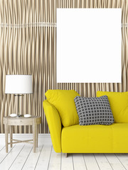 Modern bright interior with empty frame . 3D rendering
