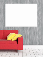 Modern bright interior with empty frame . 3D rendering