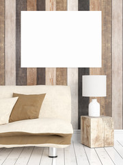 Modern bright interior with empty frame . 3D rendering