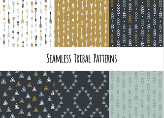 Set of modern seamless hand drawn geometric tribal patterns. Vector navajo design.