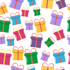Seamless Colorful Gift Pattern. Vector illustration with different gift boxes in the flat style