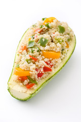 Stuffed zucchini with quinoa and vegetables, isolated on white background
