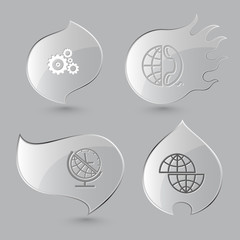 4 images: gears, globe and phone, globe and clock, shift globe.