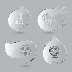 4 images: chemical test tubes, shift globe, radiation symbol. Sc