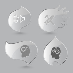 4 images: loudspeaker, hand saw and hammer, human brain. Tehnolo