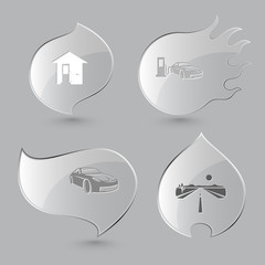 4 images: car fueling, road. Transport set. Glass buttons on gra