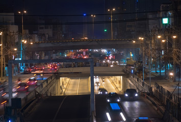 Transportation / View of system transportation on the road at night. Movement.