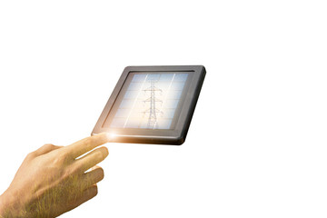 Male hand touching a solar cell panel frame reflected transmission tower as isolated background