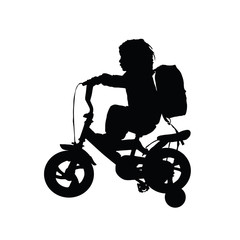 Fototapeta na wymiar child silhouette with bike and bag in black color illustration