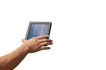 Male hand holding a solar cell panel frame as isolated background