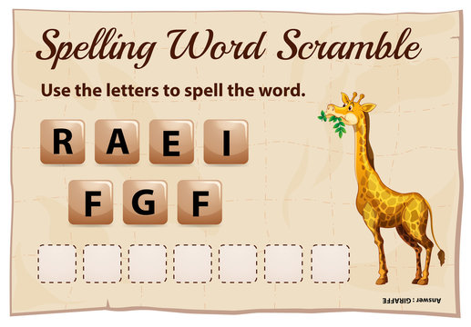 Spelling word scramble for word giraffe