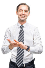 Cheerful man wearing white shirt and striped tie clapping