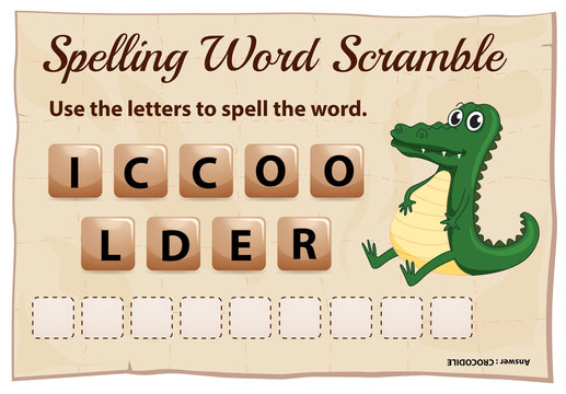 Spelling word scramble game template with crocodile