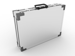 3d rendering of a silver metallic suitcase isolated on white background.
