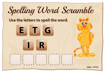 Spelling word scramble game template with word tiger