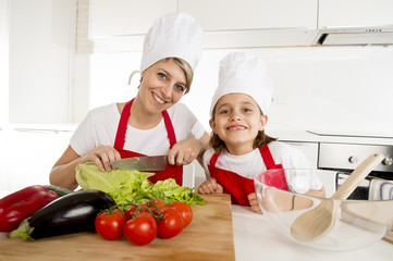 mother and little daughter cooking together with hat apron preparing salad at home kitchen