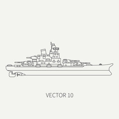 Line flat vector retro icon naval battleship. Dreadnought warship. Cartoon vintage style. War. Navy. Ocean. Sea. Guns. Armor. Squadron. Captain. Sail. Simple. Illustration and element for your design.