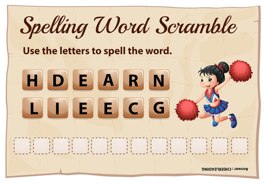 Spelling word scramble game template with cheerleading