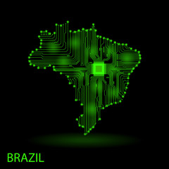 Abstract map of Brazil. Vector illustration. Brazil map drawn in the form of an electronic circuit.