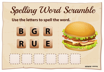 Spelling word scramble game template with word hamburger