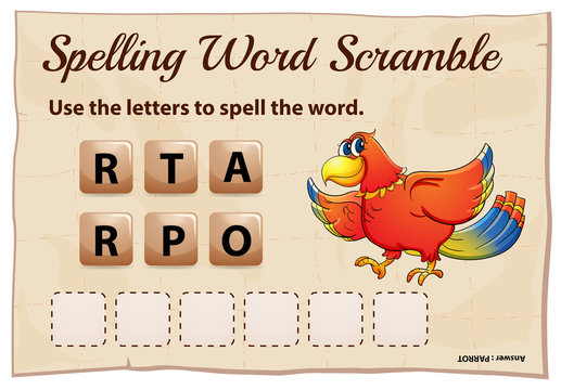 Spelling word scramble game template with word parrot