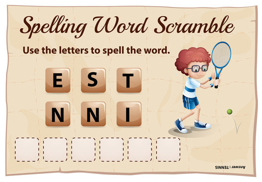 Spelling word scramble game template with tennis