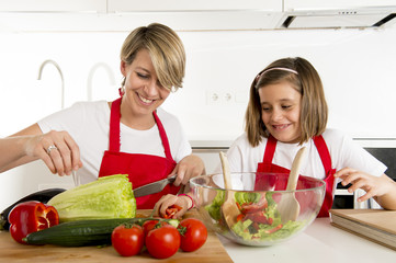 mother and little daughter cooking together with cook  apron preparing salad at home kitchen