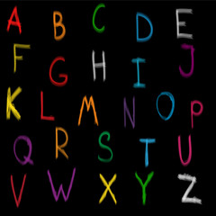 Bright hand-drawn multicolored alphabet on a black background for your design