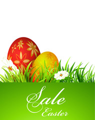 Easter sales, advertising vector template eggs on grass, vector illustration