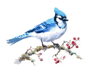 Watercolor Bird Blue Jay Hand Painted Illustration