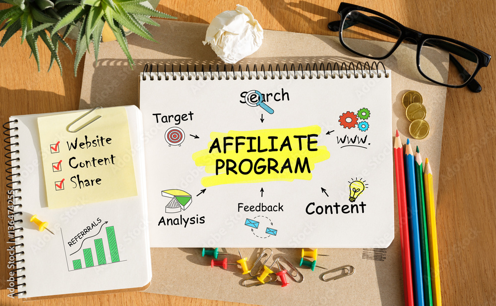 Poster notebook with toolls and notes about affiliate program