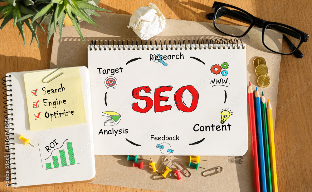 Poster notebook with tolls and notes about seo
