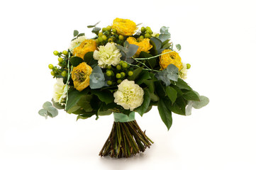 bouquet roses and carnation tied ribbon on a white background. Valentine's Day