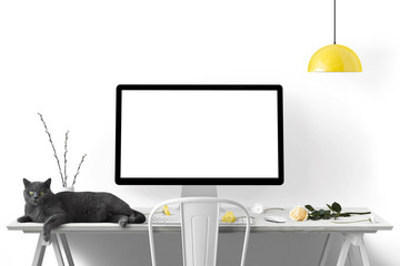 Moderne Arbeitsplatz mit Computer, Blumen und Katze - Textfreiraum