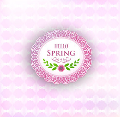 Naklejka premium patterned round label with pink spring flowers background, vector illustration