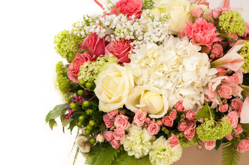 flowers roses and carnation on a white background closeup. Valentine's Day