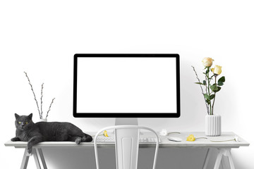 Moderne Arbeitsplatz mit Computer, Blumen und Katze - Textfreiraum