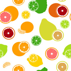 Flat fresh Citrus seamless pattern. Bergamot, lemon, grapefruit, lime, mandarin, pomelo, orange, blood orange with slices