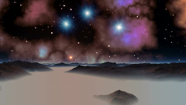 Falling Stars (UFO) . Bright blue and orange stars (UFO) fly quickly through the dark starry sky and moving nebulae. Beneath a misty hilly landscape of an alien planet.

