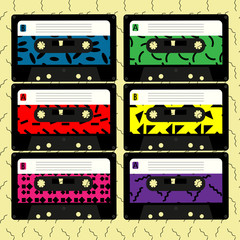 Set of audio cassettes with labels in the Memphis style