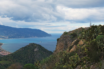 Beautiful mountain landscape. Huge colony of cactuses settled on the mountain slope. Tindari. Sicily