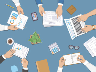 Teamwork, business meeting concept. Planning, reports, corporate managemen. Business people at the desk with documents, laptop, tablet, notebook, calculator, phone, graphics, newspaper, coffee. Vector