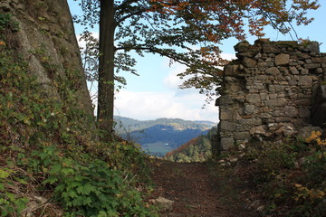 Landschaft, Berg, Ruine, Felsen, Natur, Baum, Himmel, Herbst,