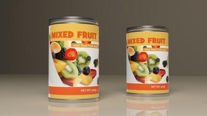 Mixed fruit metallic cans. 3d illustration