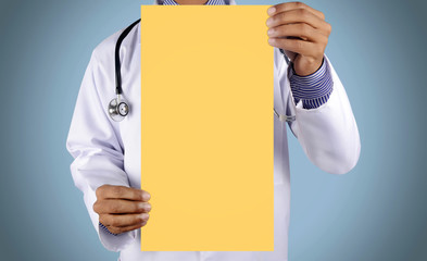 Doctor holding card with stethoscope isolated on color background