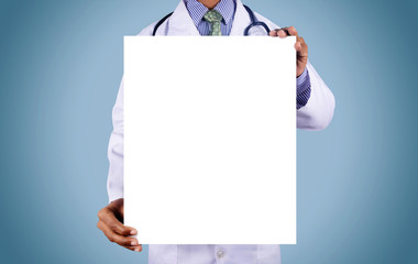 Doctor holding card with stethoscope isolated on color backgroun