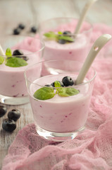 Homemade blueberry yogurt with blueberry and mint, selective focus