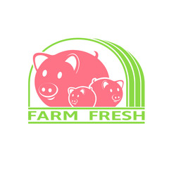 Pig with two piglets. Farm fresh logo. Vector illustration.